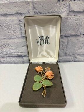 Nolan Miller Ann Margaret Peach Flower and Green Leaf Gold-Tone Brooch